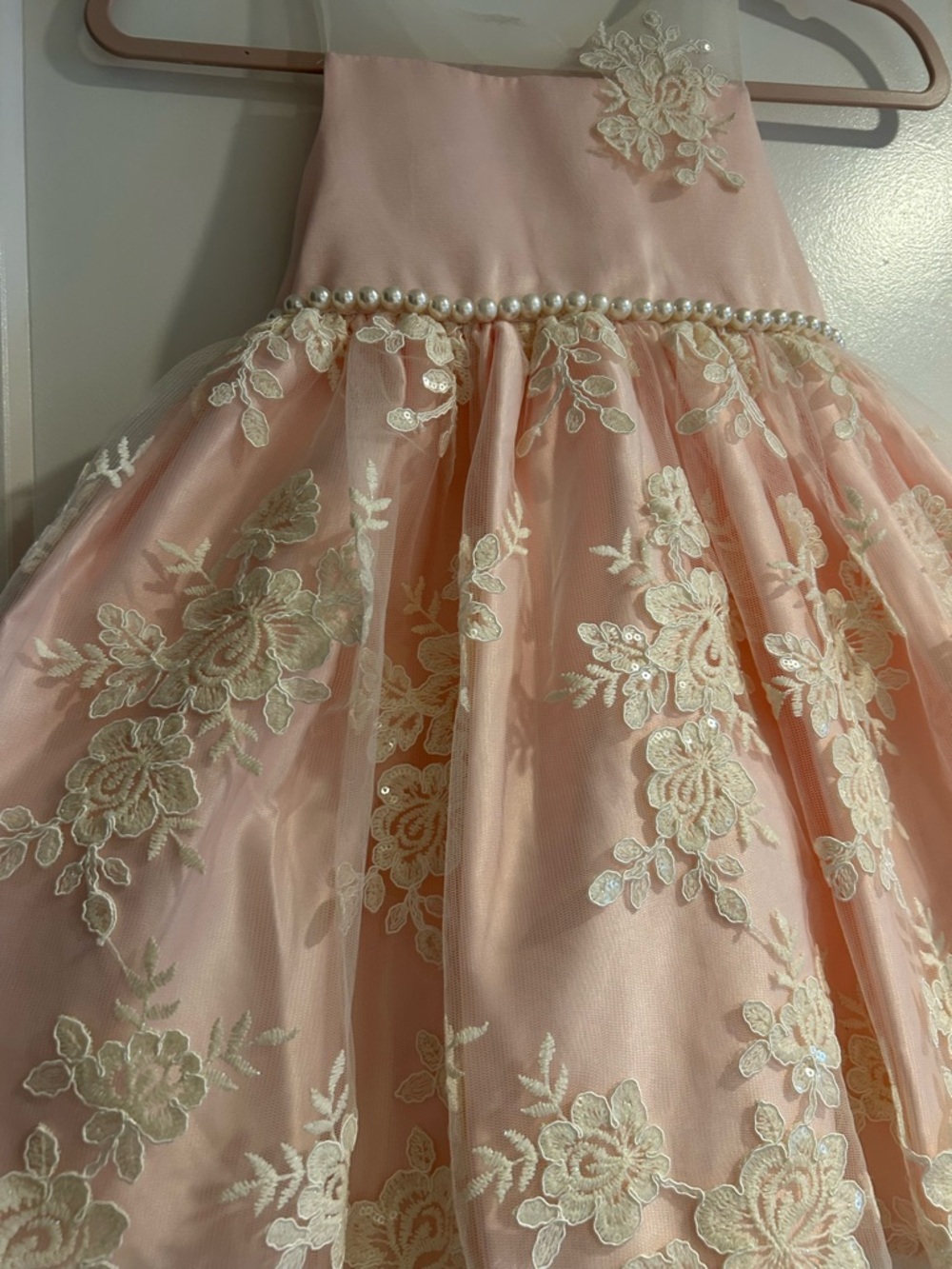 Blush Pink and Cream Lace Pearl-Trim Formal Flower Girl Party Dress - Picture 4 of 6